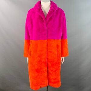 STAND STUDIO Size L Maribel Magenta Orange Color Block Faux Fur Coat